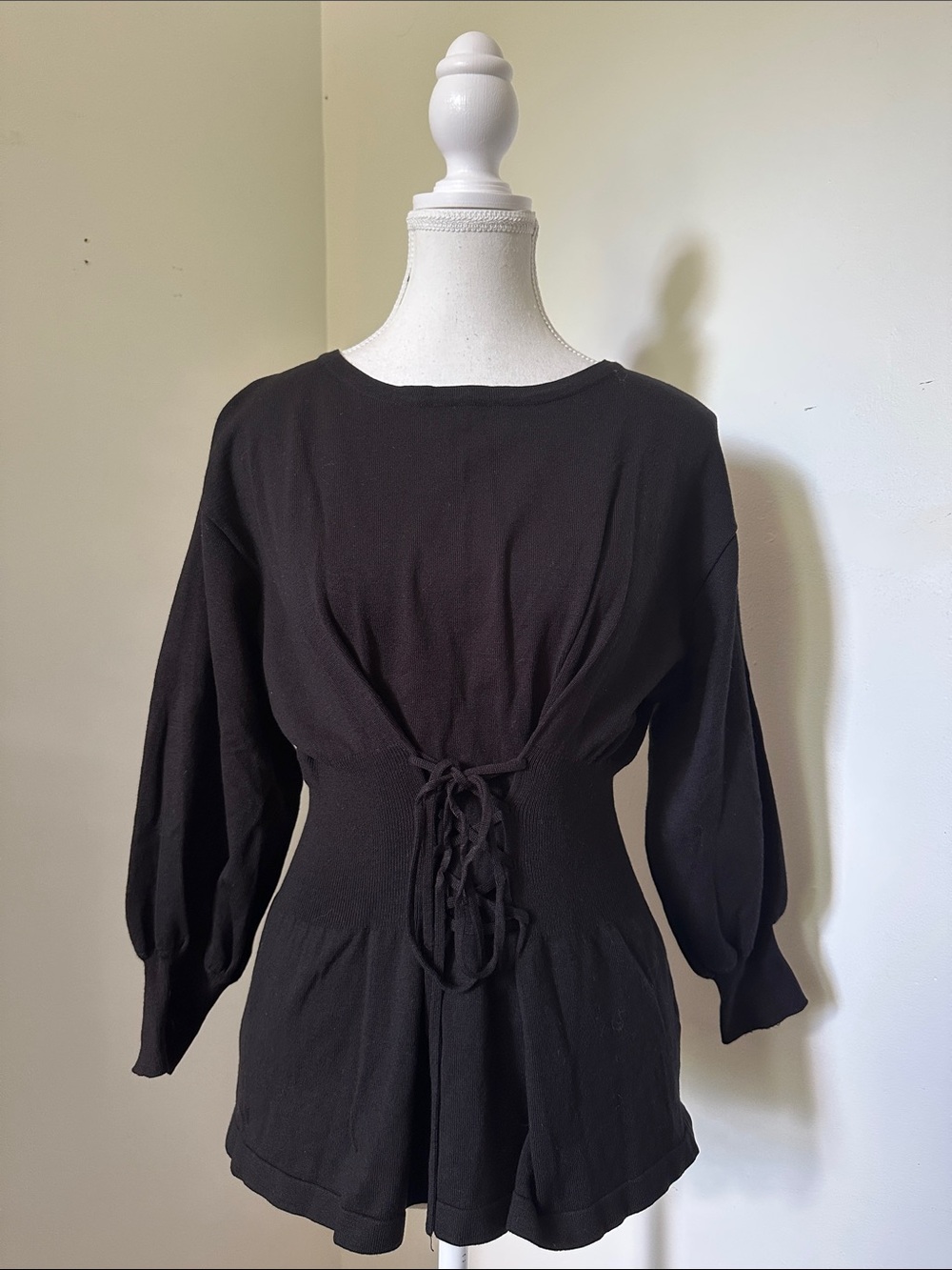 GU Black Faux Corset Waist 3/4 Puff Sleeve Skater Punk Alt Grunge Top Large